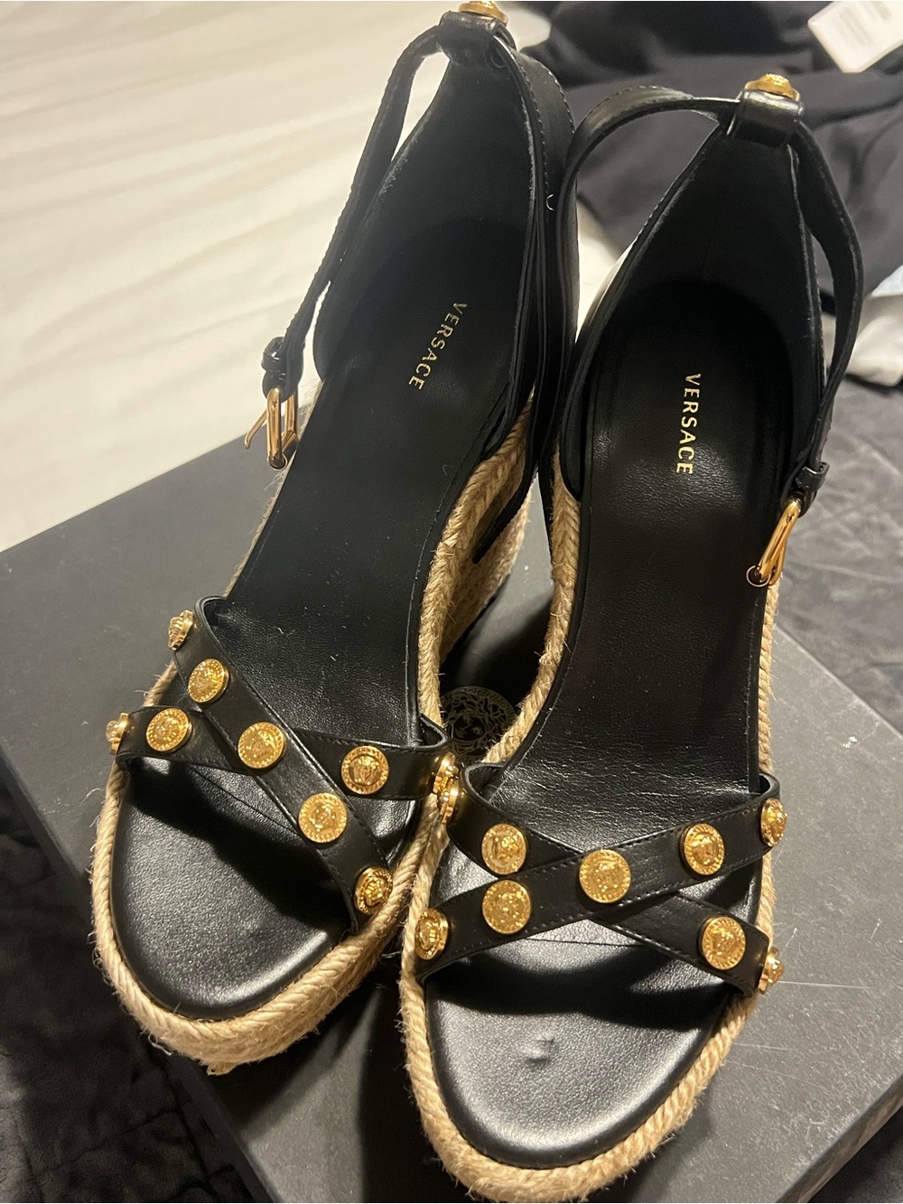 Versace Black Leather Wedge Sandals with Gold Medallion Studs